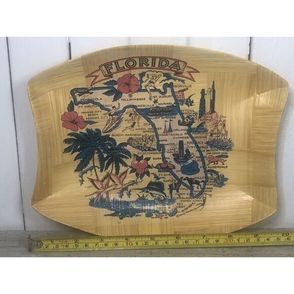 Vintage Florida State Bamboo Map Bowl 10X8-CS12 - Picture 1 of 8